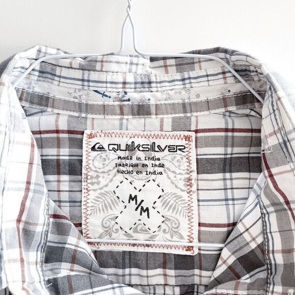 Quiksilver Mens Short Sleeve Button-Down Shirt Plaid Gray White Size Medium - Picture 3 of 6